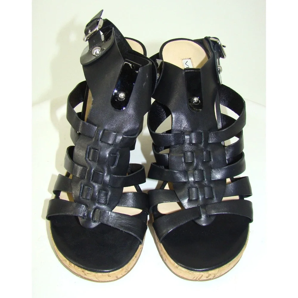 NEW Via Spiga Italy Black Gladiator Cork Wedge Heels Sandals Size 10M   C114